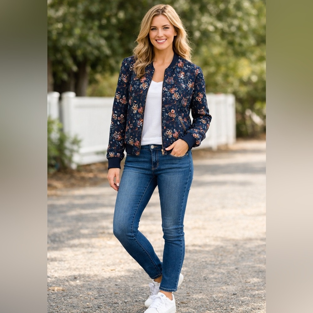 ZARA Trafaluc Floral Bomber Jacket Women’s Small Navy  Zip Up Lightweight Trendy